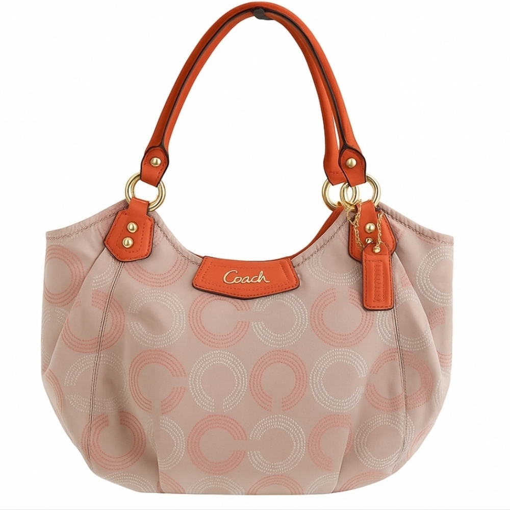 ✨️Coach Ashley Dotted Op Art Tote in Khaki With Salmon Interior (F23311)